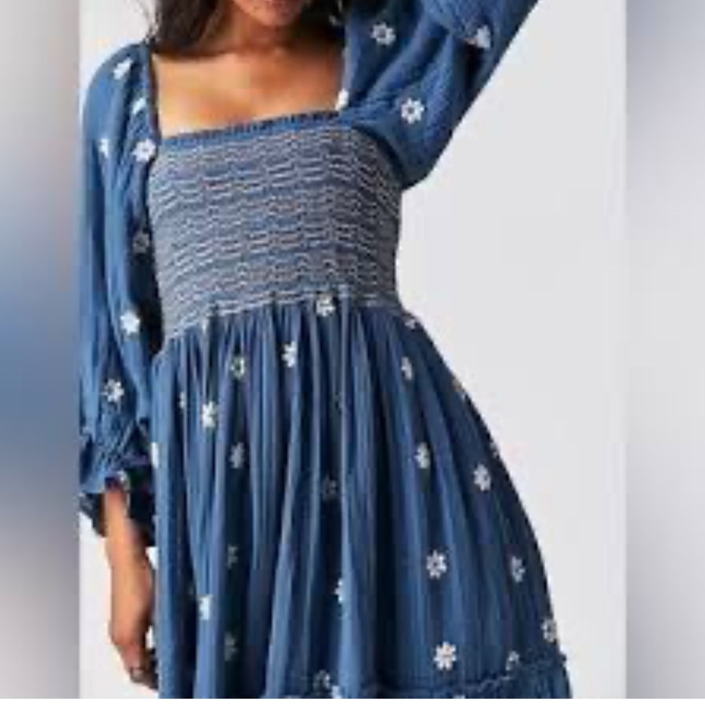 Free People Blue Smocked Sundress with Bishop Sleeves